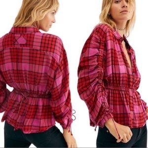 {NWT) FREE PEOPLE Plaid Pacific Dawn Shirt Pink